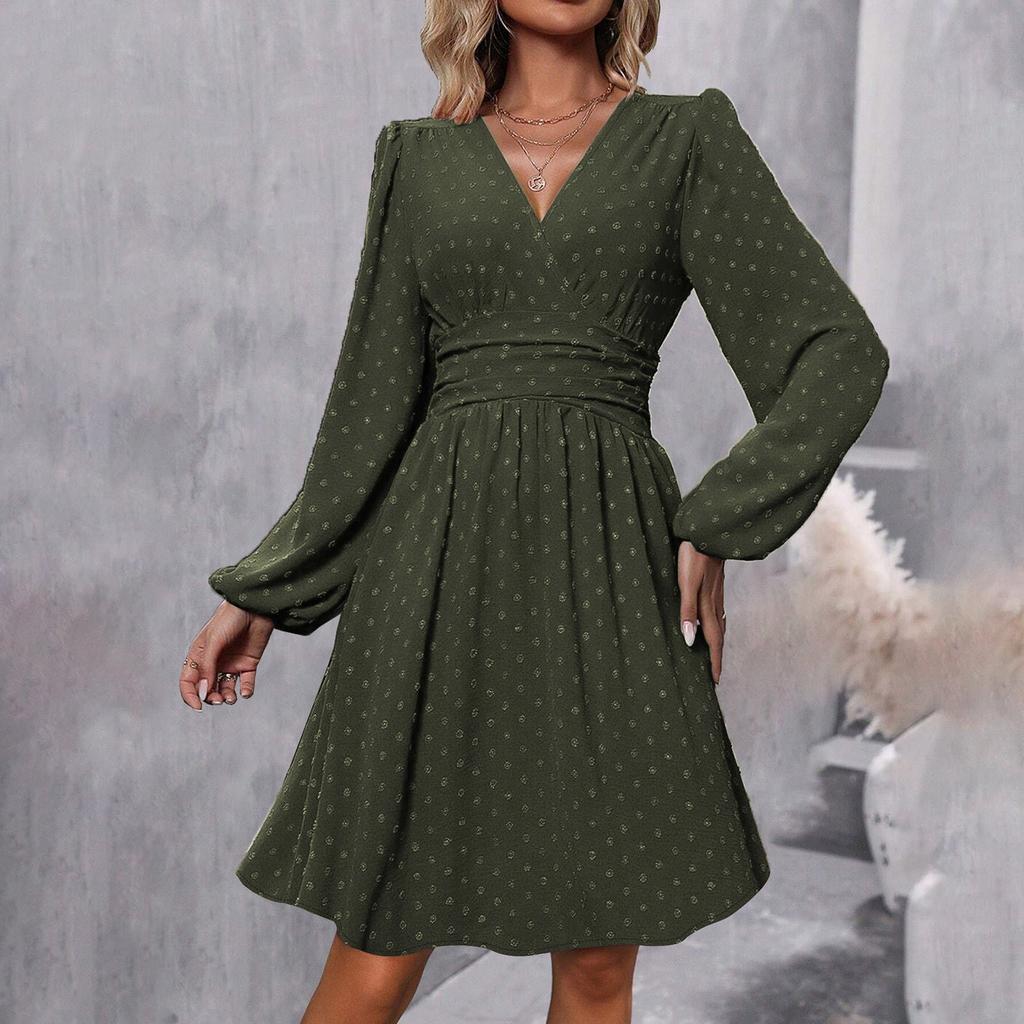 Women's Fashionable Solid Color V Neck Long Sleeved Pleated Versatile Dress