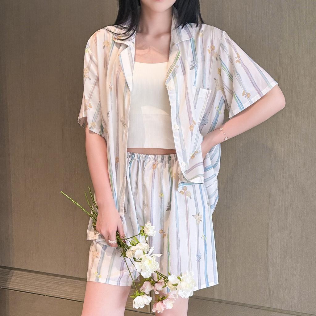 Sweet wind polka dot cotton and silk pajamas women's summer short-sleeved shorts lapel thin can be worn outside loungewear high-end suit