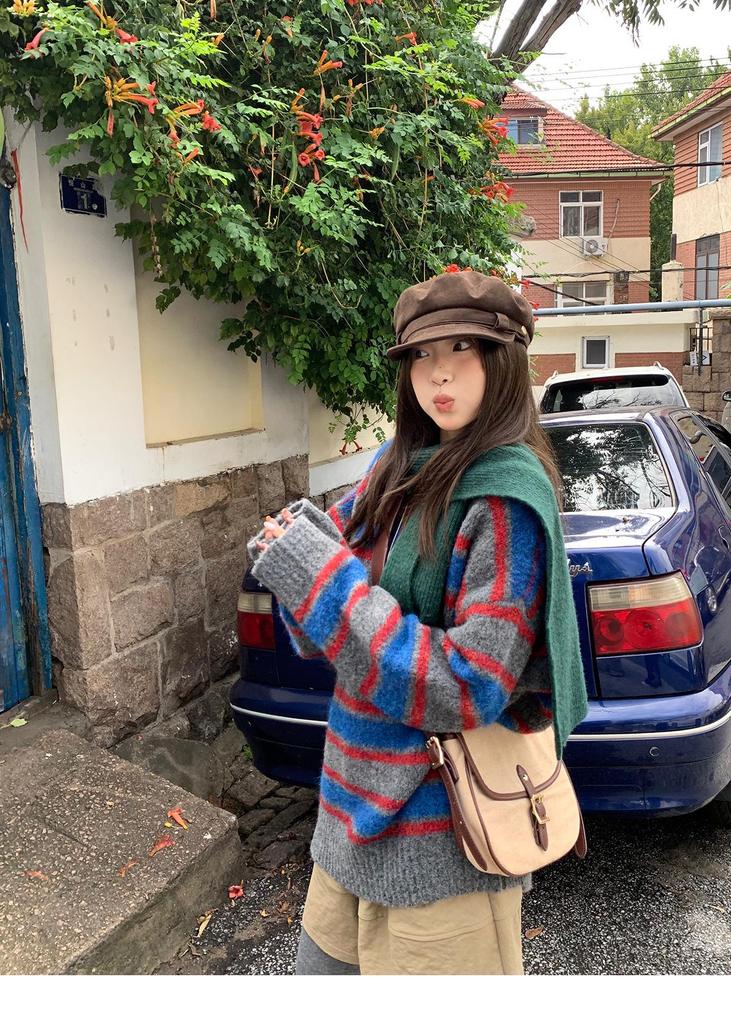 Women's Korean Retro Striped Knit Top - Soft & Versatile for Autumn/Winter 2026