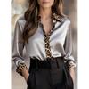 New Cross-Border Spring And Autumn Slim-Fit Long-Sleeve Leopard Print Round-Neck Satin Patchwork Shirt For Women