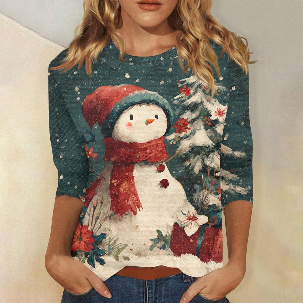 3/4 Sleeve Shirts For Women Print Christmas Tees Blouses Casual Plus Size Basic Tops Pullover