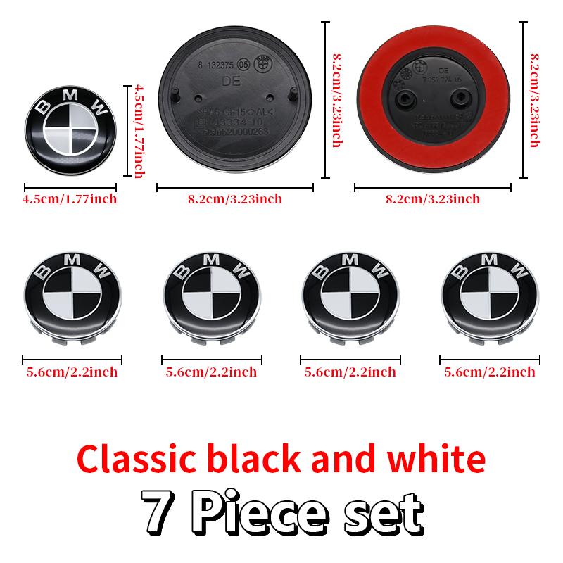 Universal Base Black White Badge Set for BMW 7Pcs 68mm 56mm 82mm 74mm Hood Trunk Wheel Steering Logo 7Pcs 2-Pin 3-Pin Clips Kit