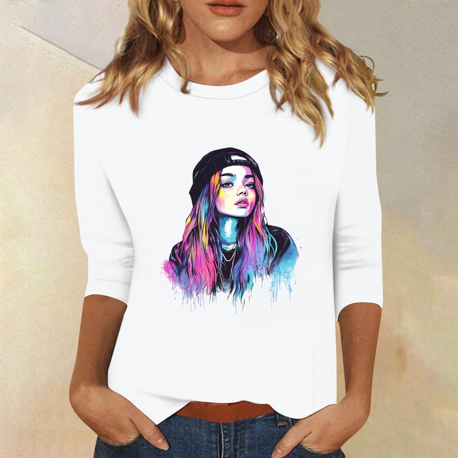 

Топи з рукавами 3/4 для жінок Футболка Повсякденні топи з принтом Футболка з круглим вирізом Пуловер Блуза S білий