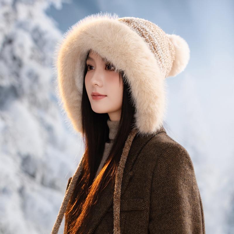 Winter hat women's retro knitted hat fleece thickened ear protection cold wool hat cute rabbit hairball thermal hat