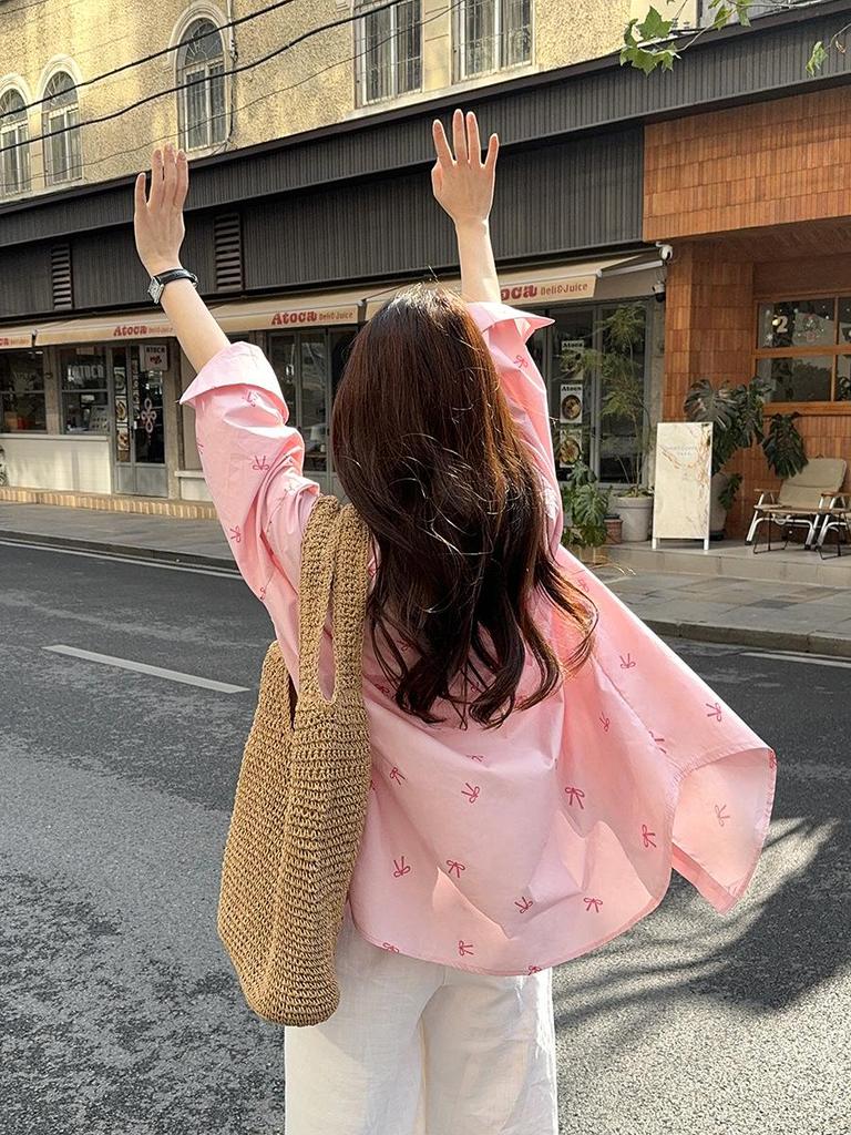 Plus Size Women's Simple Bow Long Sleeve Spring Shirt