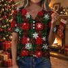 Women's Casual Christmas Printed V-Neck Short Sleeve Button T-Shirt