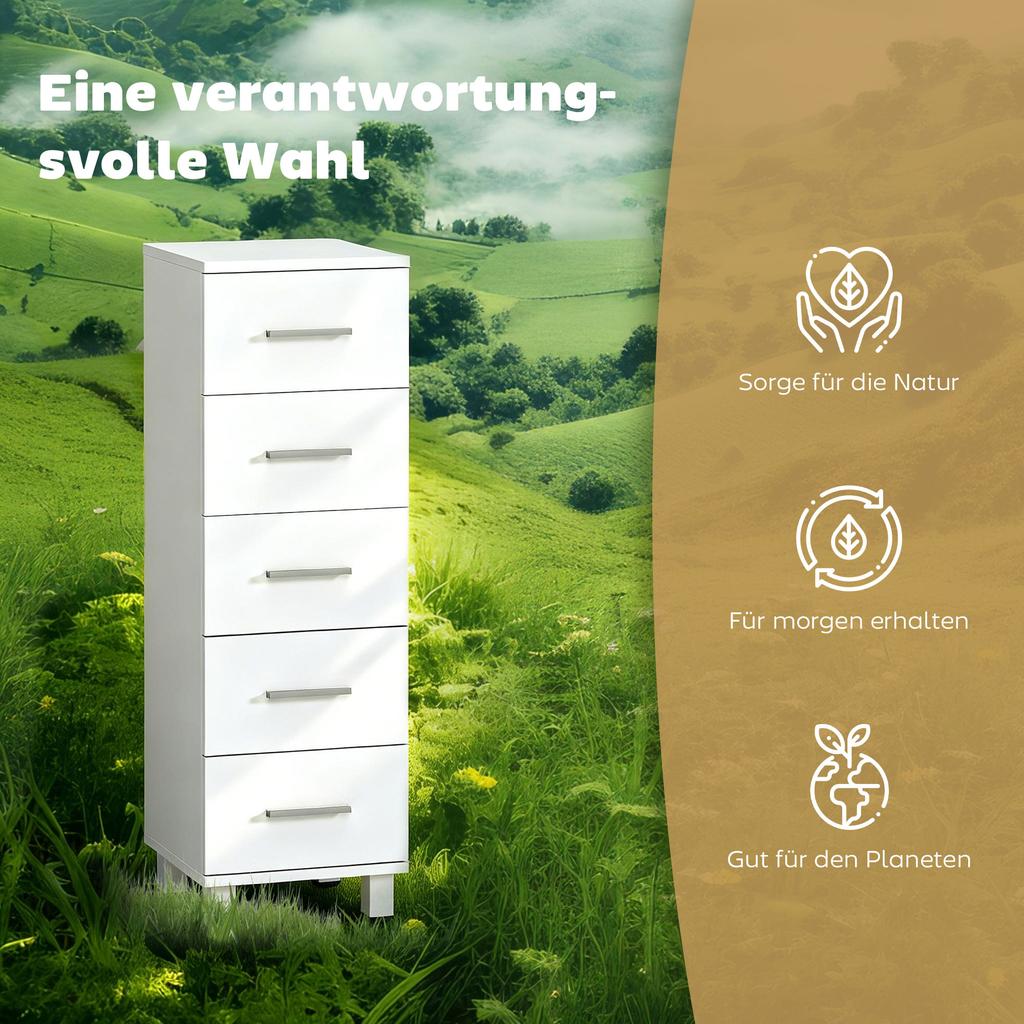 Badkamerkast Smalle Badkamerkast met 5 Lades voor Badkamer, 30 x 30 x 95 cm, Wit
