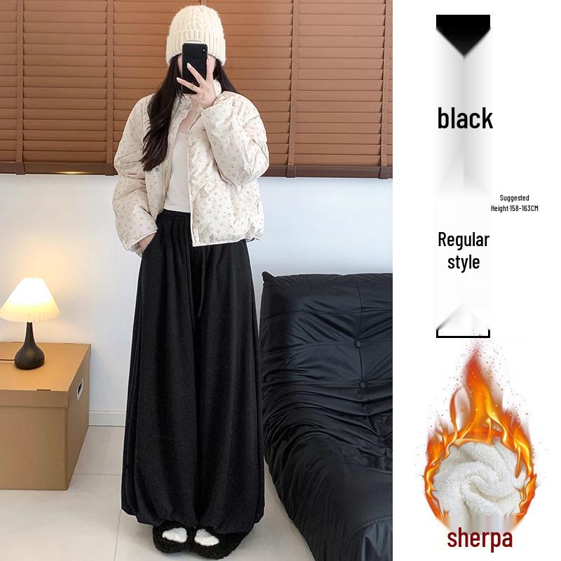 Women s Petite High Waist Dark Gray Lantern Pants - Soft Plush, Loose Wide-Leg, Slimming Autumn/Winter Skirt Style Large