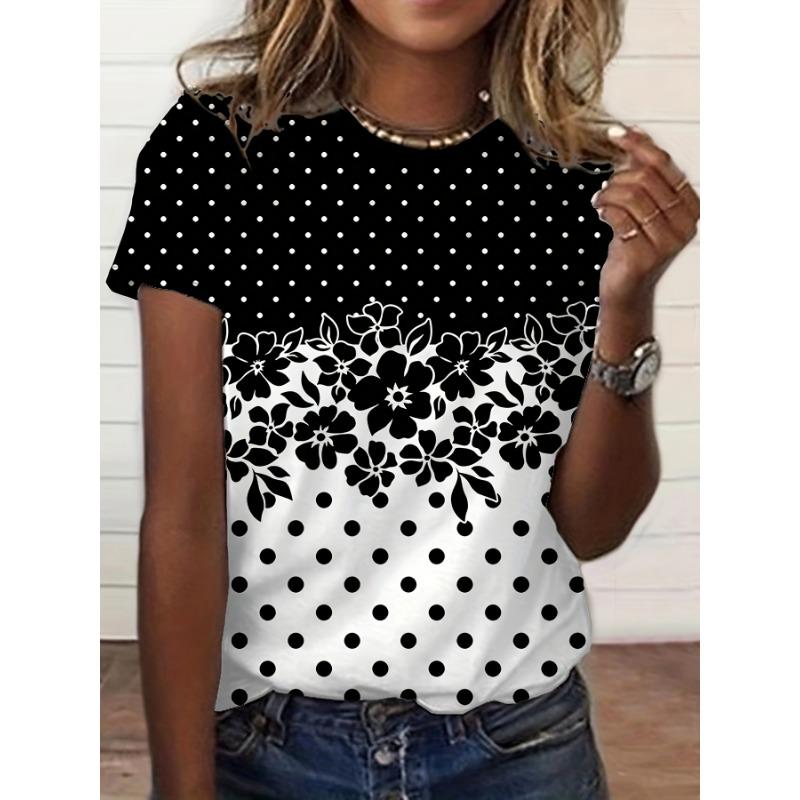 Damen Mode T-Shirt Öl Blumenmuster Mode Kurzarm Rundhals Kurzarm T-Shirt Top Lässiges Kurzarm T-Shirt