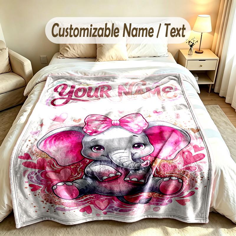 Elephant Theme Soft Blanket Personalized Custom Name Text Print Warm Blanket Home Sofa Bedroom Decor