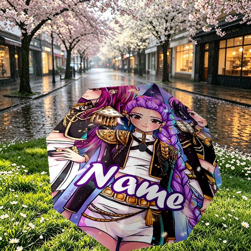 Custom Name Personalized KPop Hunters Print Umbrella, Auto Open Close, 8‑Rib Sturdy Frame, Commute Camping Hiking Use, Birthday Gift