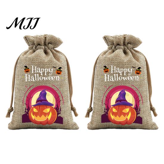Small Storage for Candies 2Pcs Halloween Pumpkin Drawstring Bags Candy Treats, Retro Burlap Pattern Party Favors Trick or Treat Bags, Portable Goodie
