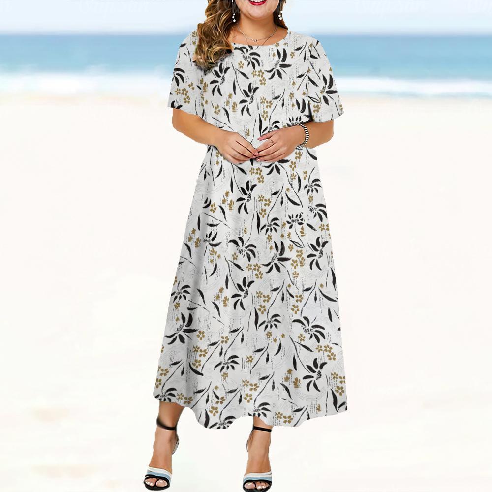 Letnia Elegancka Damska Sukienka z Okrągłym Dekoltem i Krótkim Rękawem z Drukiem Kwiatowym 3D Street Wear Codzienna Luźna Sukienka