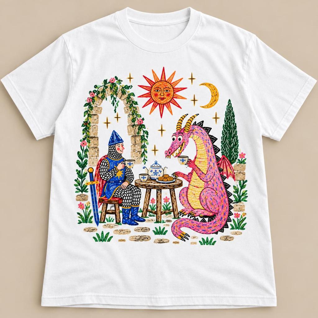 Whimsical Dragon Tea Party T-Shirt, Medieval Fantasy Knight Graphic Tee