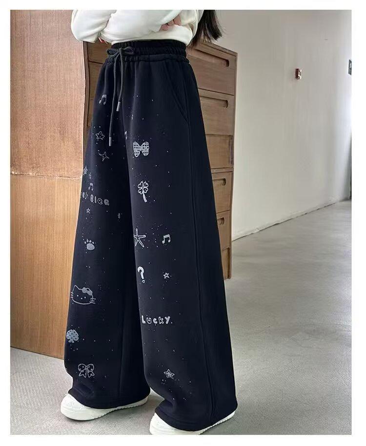 Girls' Black Velvet-Lined Sweatpants - Autumn/Winter 2025 Collection - Straight Leg Style for Older Children and Junior High Students