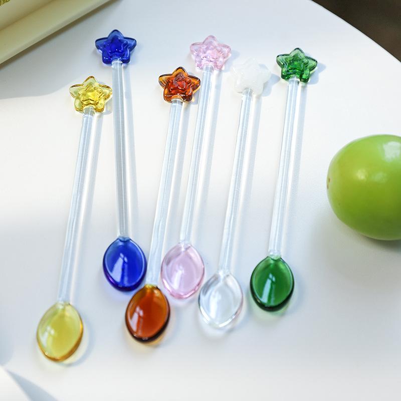 Creative Star Coffee Spoon Kitchen Dessert Cake Scoops Colorful Glass Tea Spoons Long Handle Mixing Round Spoon