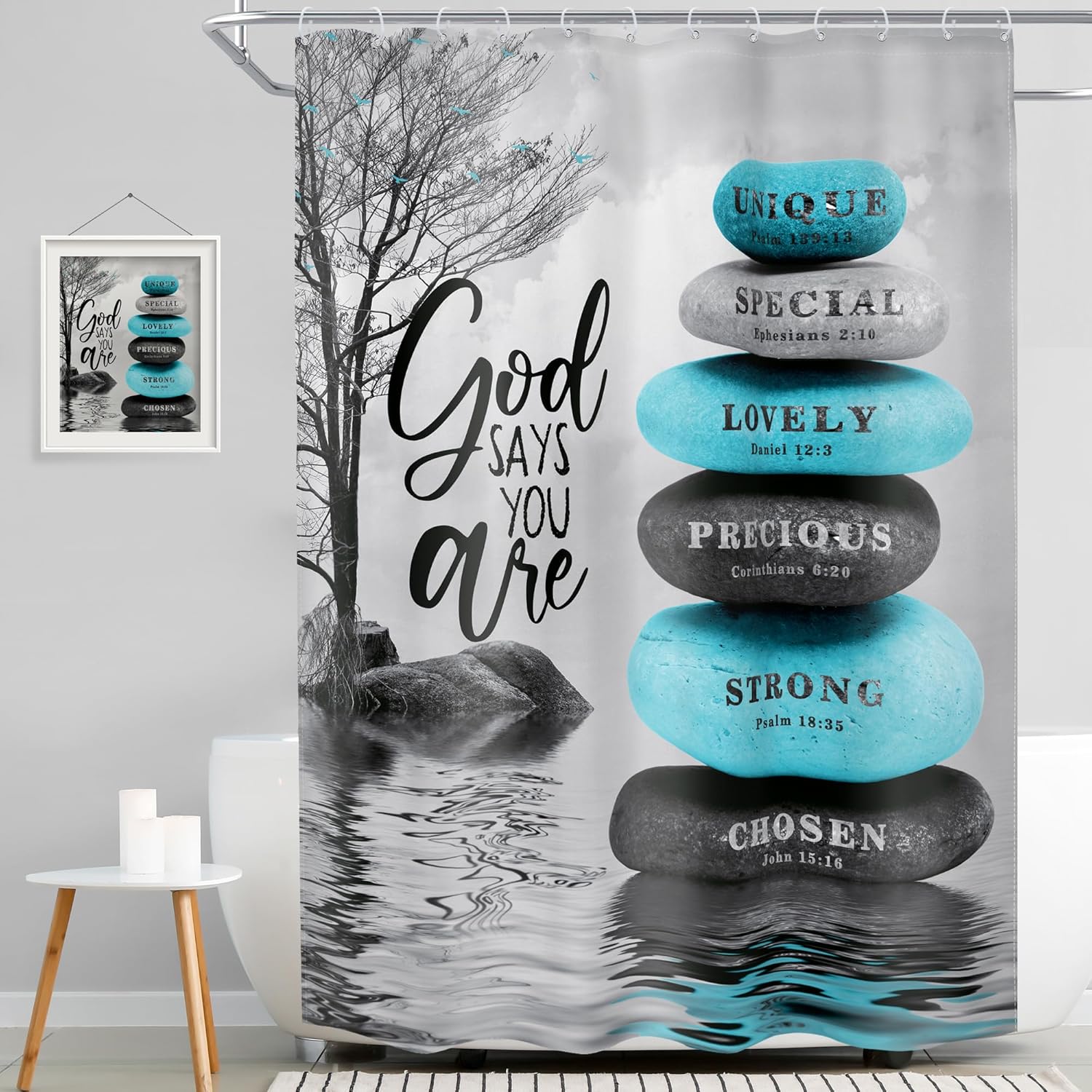 

Zen Stone Shower Curtain 60Wx72H Bible Verse Green Leaves Spa Botanical Raindrop Calming Bathroom Curtain Christian Quotes W60H190(CM)-1 Pcs