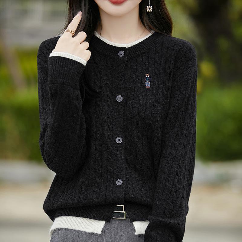 2025 Women's Fashion Color Block Knitted Cardigan: Round Neck, Fake Two-Piece, Embroidered Cable Knit Sweater