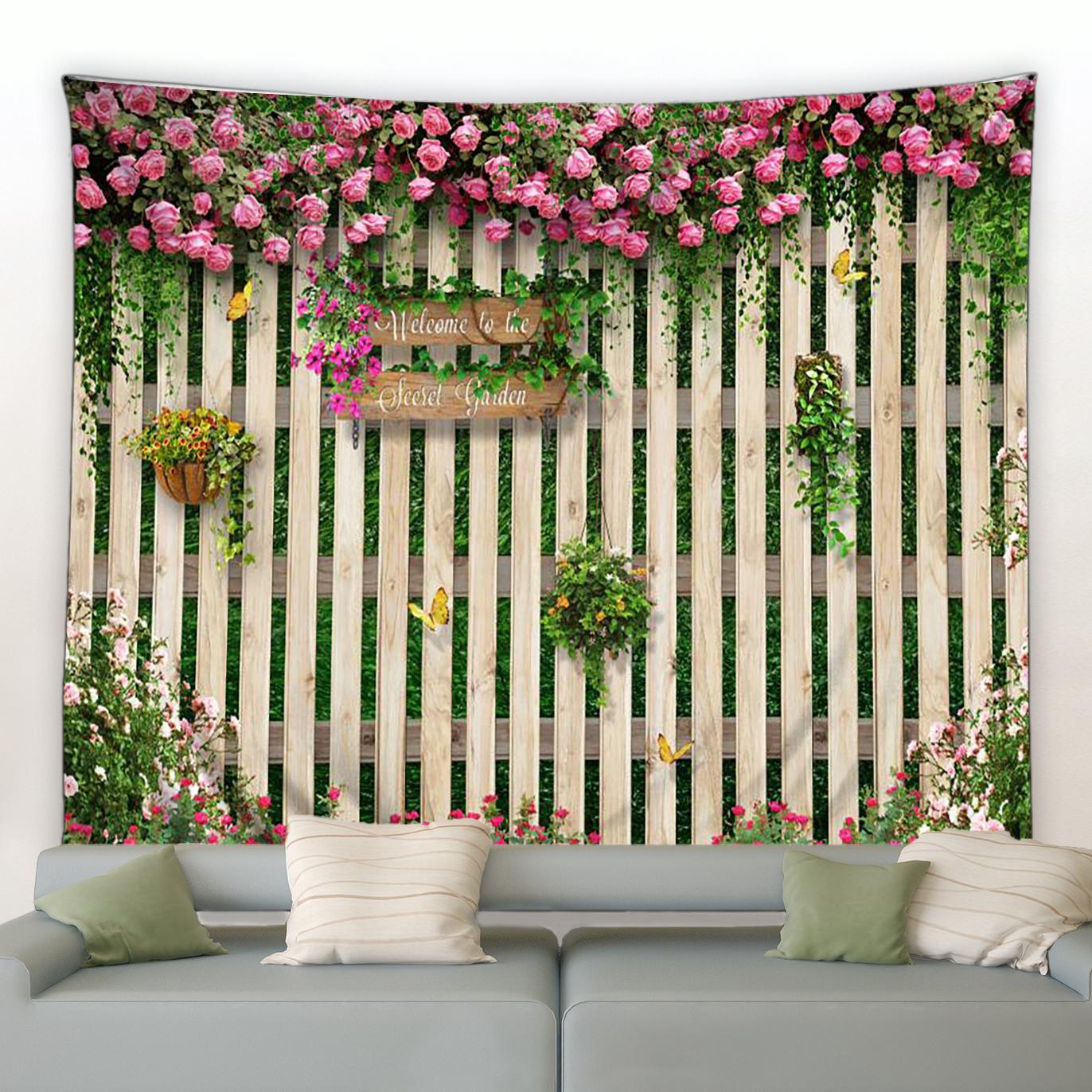 

Винтажный деревянный забор, натуральный розовый цветок, настенный декор для сада, декоративный декор, весенняя бабочка, цветочный гобелен 230x180cm
