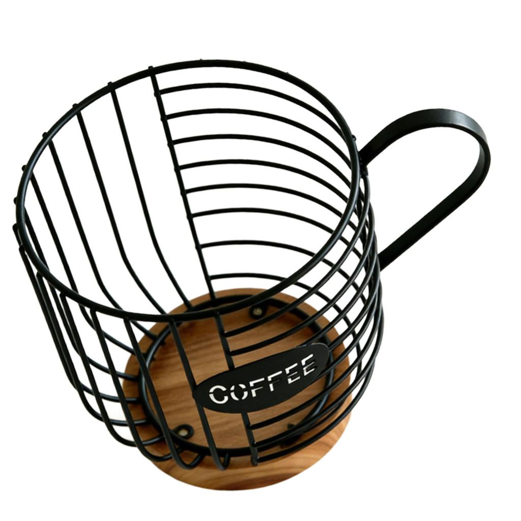 Metal Coffee Pod Wire Basket with Wooden Base Large Capacity Coffee Pod Holder for Kitchen Countertops Office Coffee