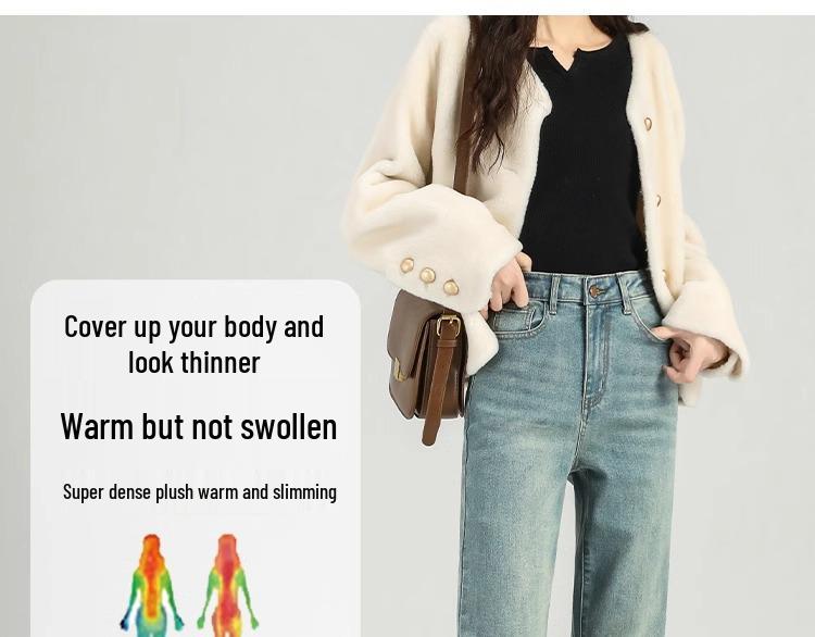 Women's Winter 2024 New High-Waisted Fleece-Lined Petite Slimming Wide-Leg Narrow Straight-Leg Jeans