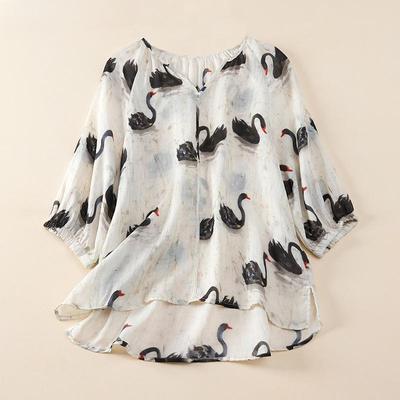 Plus Size New Summer Style Blouse Casual Pattern Shirt Linen Women Floral Loose Shirt White