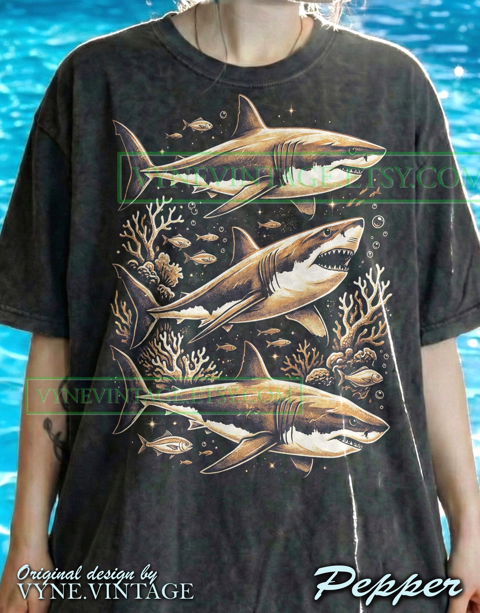 Sharks Ocean Life Comfort Colors® Tshirt, Vintage Illustration Tees, Marine Predator Sweater, Retro Sea Nature Tanktop, Coral Reef Art 2XL