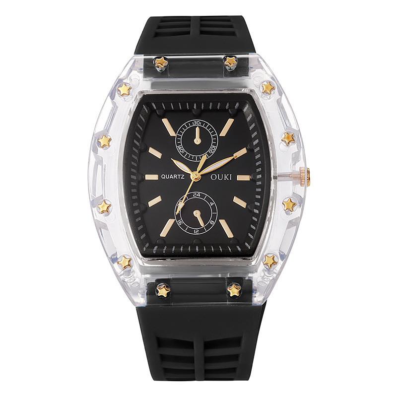 Transparent Barrel Shape Watch With Quartz Movement Casual Mens Silicone Strap For Daily Wear