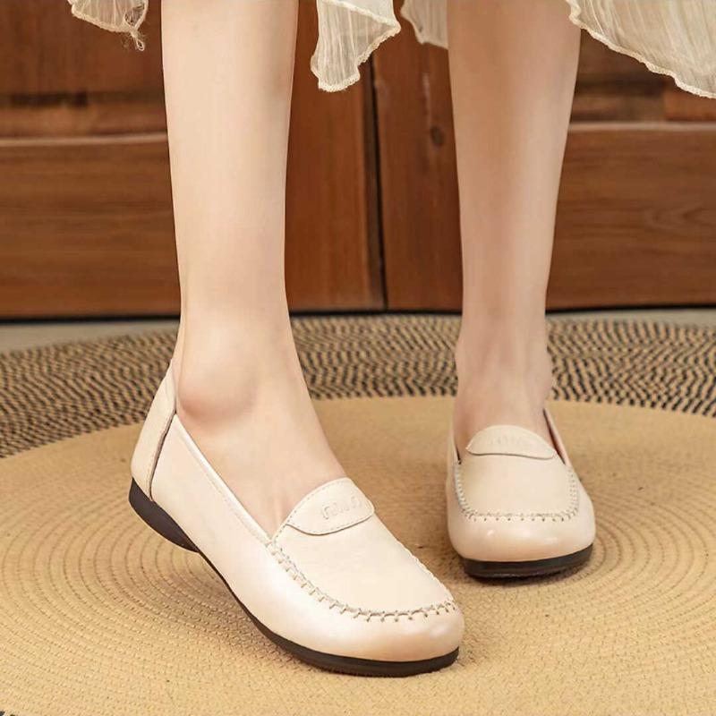 Spring and Autumn New Shallow Mouth Mother Shoes Sheepskin Soft Sole Flat Bottom Non-slip Women's Shoes Beef Tendon Sole Non-slip Medium Single Shoes