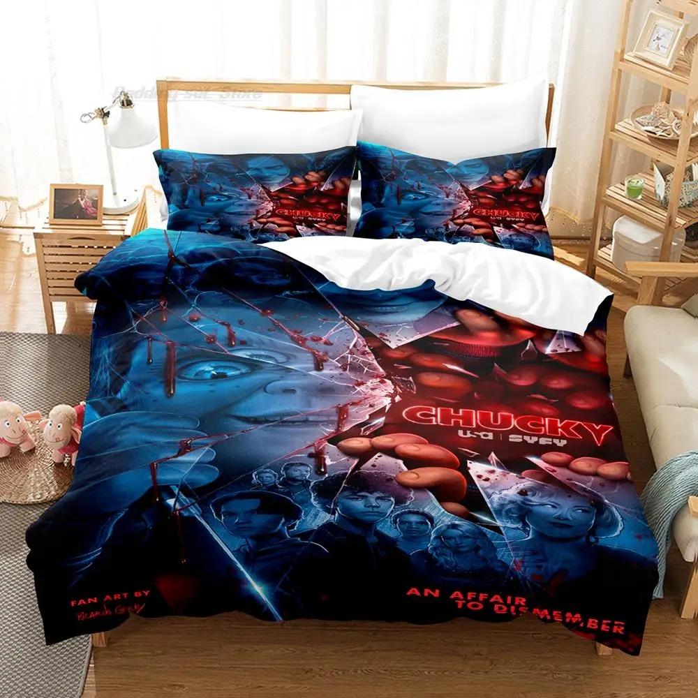 

Hot Sale Chucky Bedding Set Single Twin Full Queen King Size Bed Set Aldult Kid Bedroom Duvetcover Sets 3D Print Halloween EU single(135x200cm)