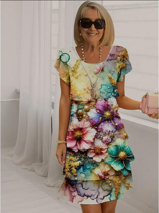 2025 Summer Women's Short Sleeve Tiered Chiffon Dress - European & American Style