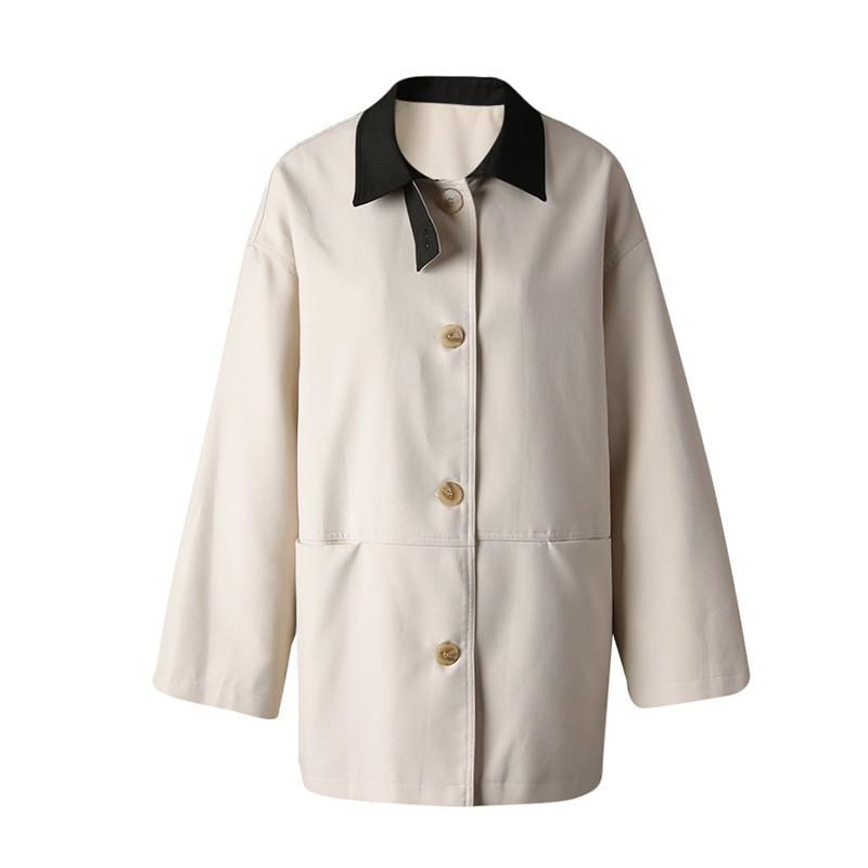 Womens Vintage Patchwork Trench Coat Loose Fit Mid-Length Casual Outerwear POLO Collar