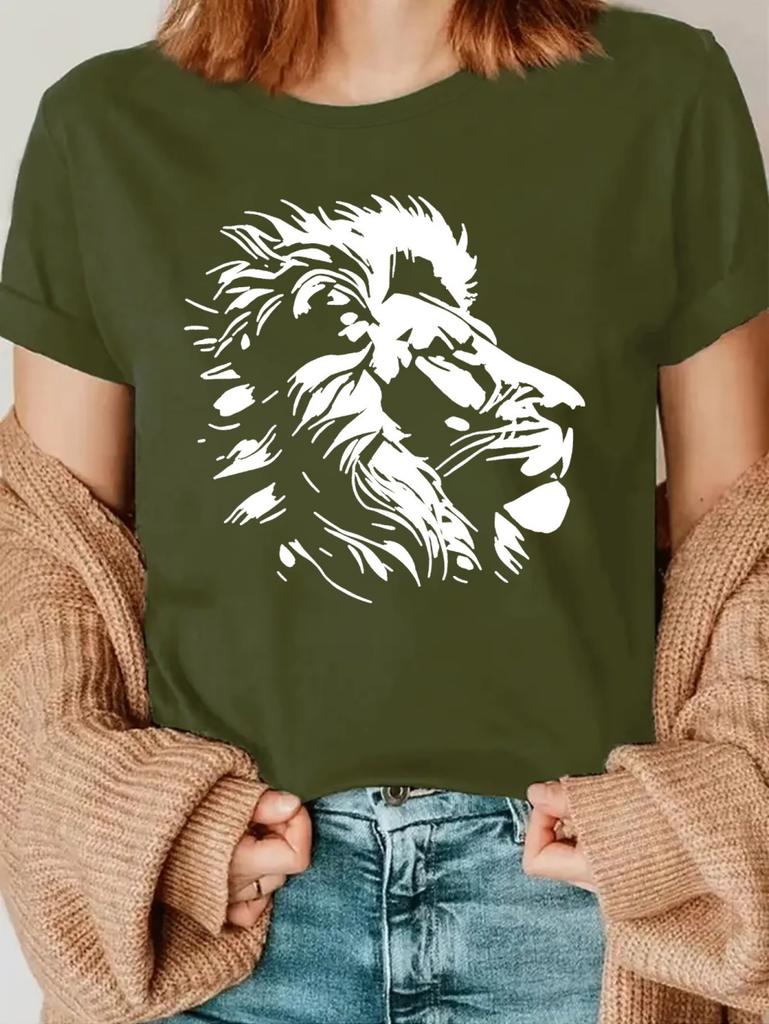Summer Women's Casual Short Sleeve T-Shirt Vibrant Lion Geometric Print Fashion Casual Tops Tees Y2k Versatile Women's Clothes