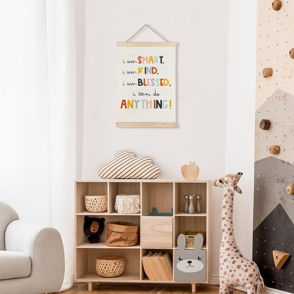 LUVADIAN Positive Affirmations for Kids, Kids Wall Decor, I am Smart Kind Blessed Motivational Poster Hanger Frame Wall Art for Classroom Playroom