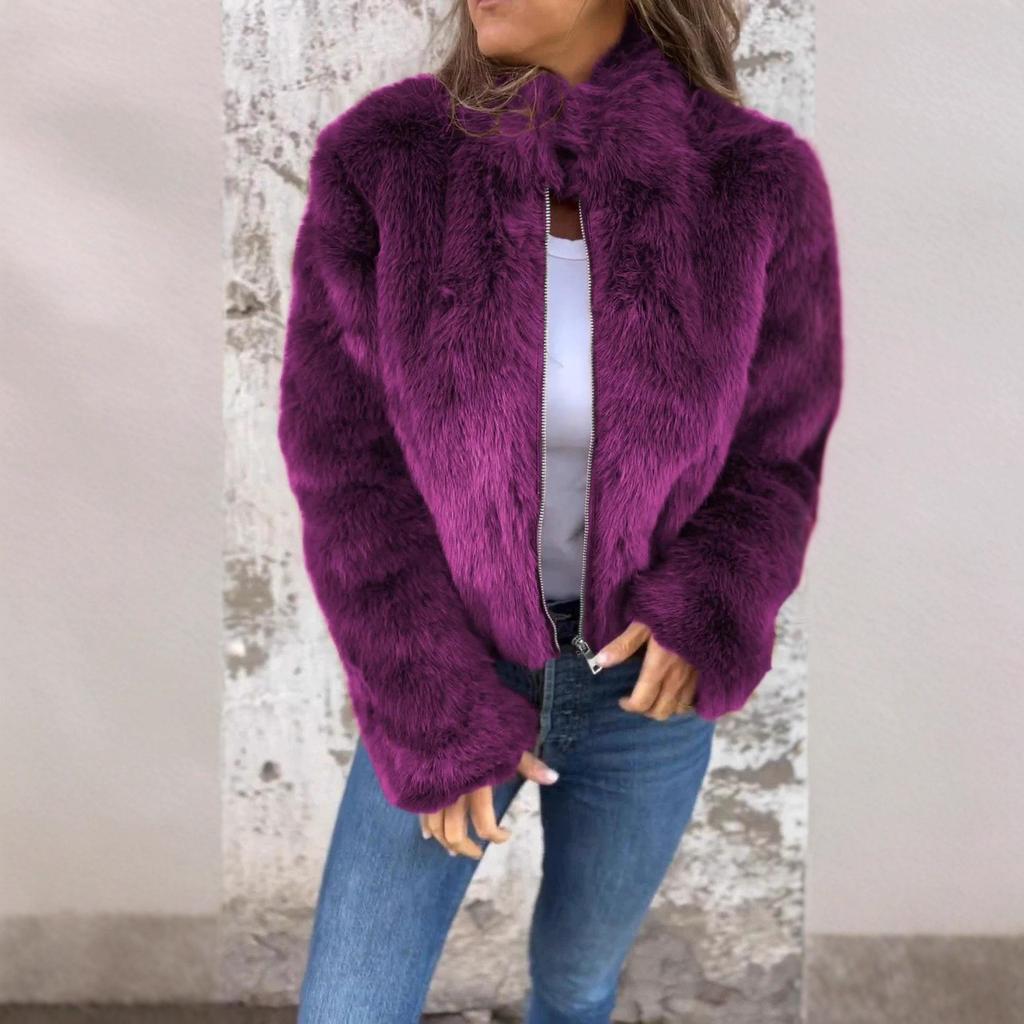 Women's Fall/Winter Imitation Fur High-Neck Zipper Casual Top Jacket
