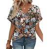 Women's Summer V Neck Striped T-shirt, Rolled Short Sleeve Loose Casual Color Block Stripe Daily Wear Blouse Tops