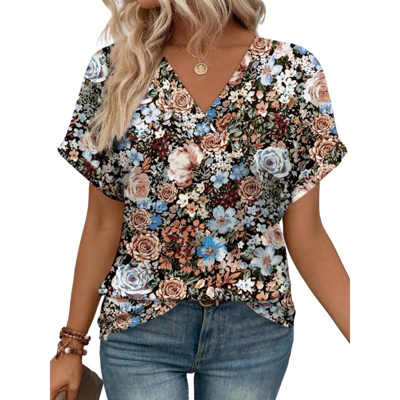 Women's Summer V Neck Striped T-shirt, Rolled Short Sleeve Loose Casual Color Block Stripe Daily Wear Blouse Tops