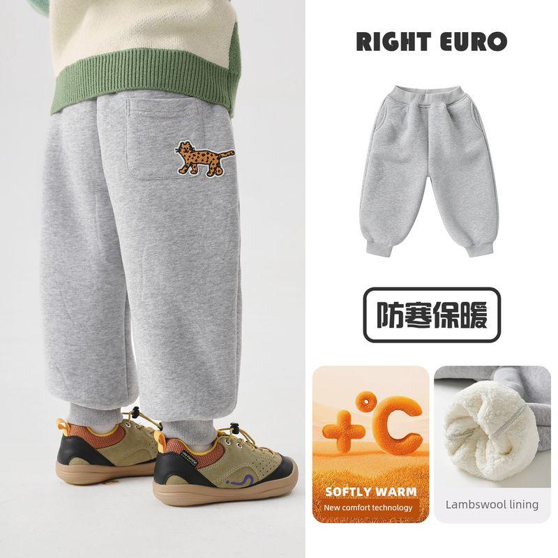 Right European Style Boys' Mountain-Themed Cartoon Fleece-Lined Sports Pants, Casual Thickened Knitted Sweatpants, Children's Winter Clothing Trendy