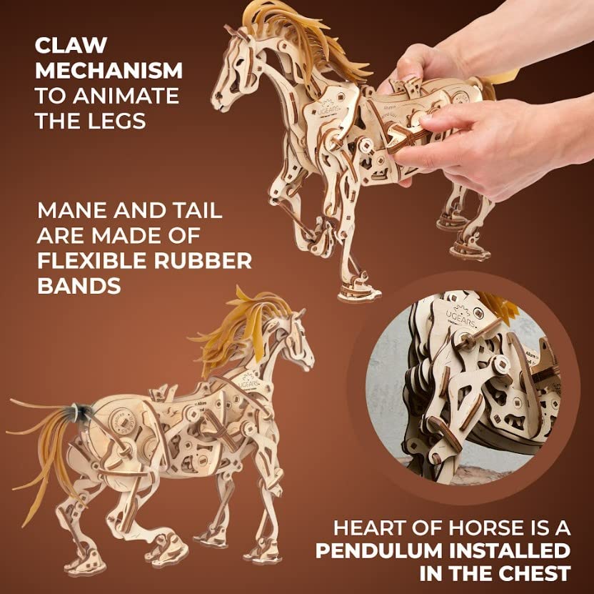 Ugears Horse Mechanoid 70054 Wooden No Glue or Tools 3D Assembly Instructions Included Puzzle, Required, Puzzle,