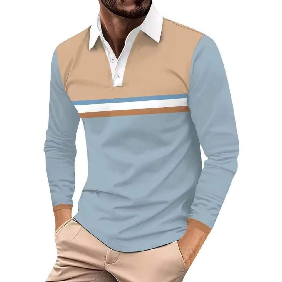 Men's Black‑White Striped Long Sleeve Polo Shirt Lapel Button Casual Slim Fit Daily Tops for Men