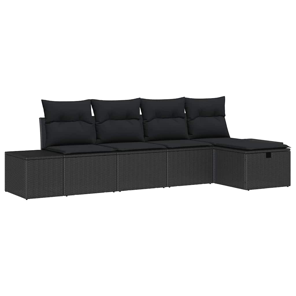 5 Piece Black Poly Rattan Garden Sofa Set with Cushions
