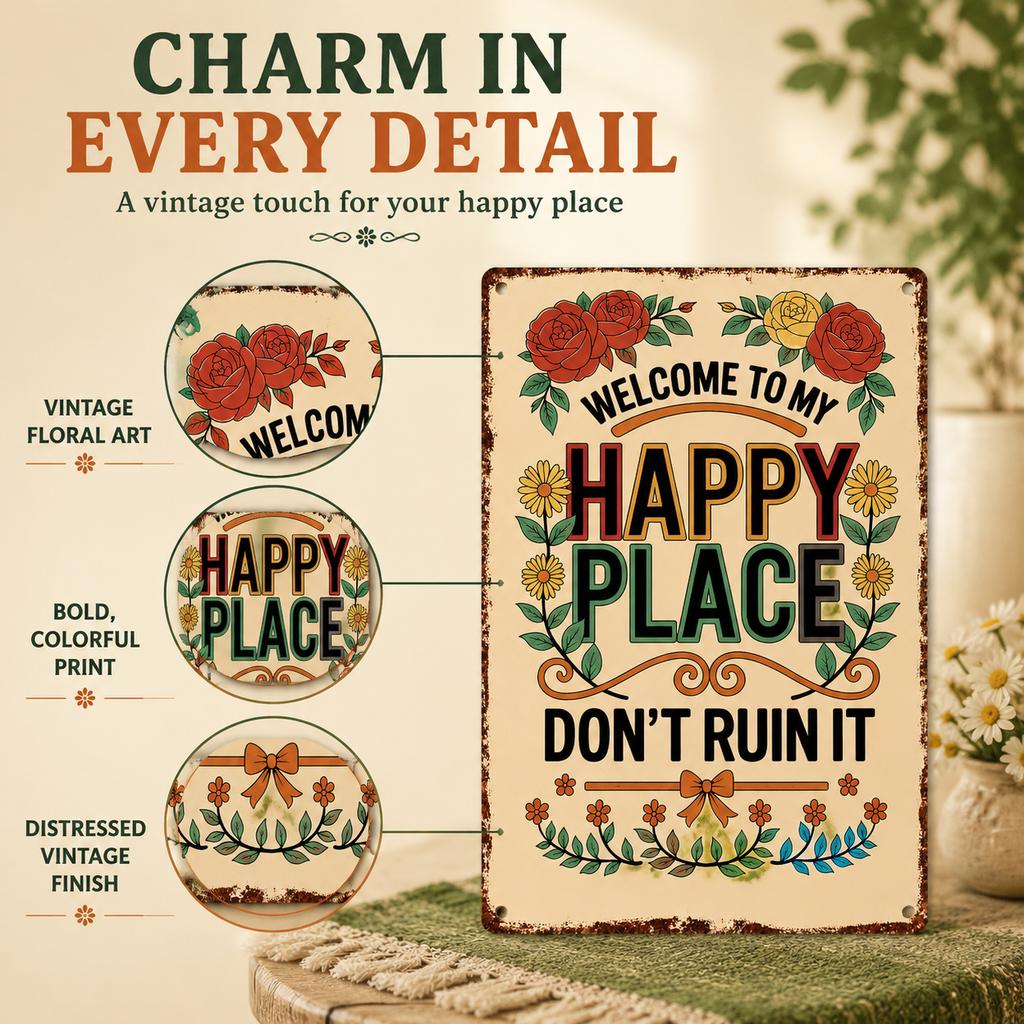 Metal Decorative Sign WELCOME TO MY HAPPY PLACE Vintage Floral Style