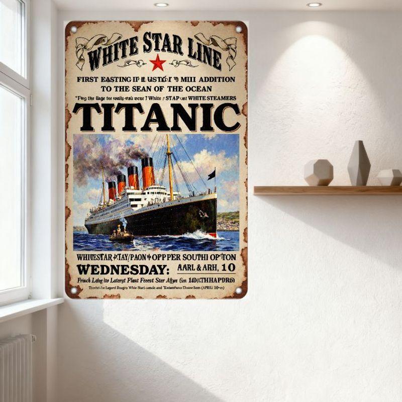 Vintage Biały Znak Blaszany Star Line Titanic, Retro Plakat Statku Oceanicznego dla Jaskini Mężczyzny, Baru, Kawiarni, Wystroju Domu, Postarzany Zniszczony