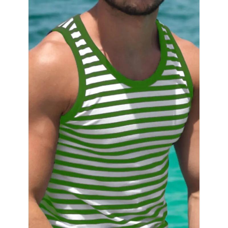 Letni T-shirt z okrągłym dekoltem, wzór z minimalnymi paskami 3D, nadruk, modny, casualowy, hawajski, plażowy, bez rękawów, męski