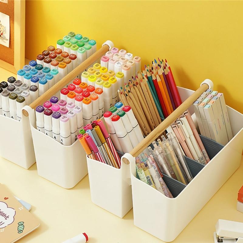 Practical Storage Box with Wooden Handle Multi Compartment Table Storage Box for Sorting Stationery Notebooks Folders