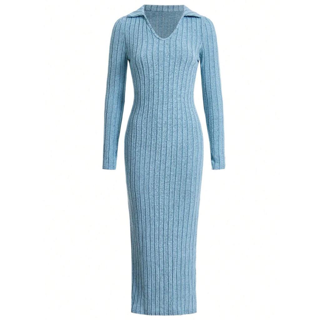 Spring and Autumn Women's Knitted Slimming Collar Fashionable Casual Elegant Pit Strip Solid Color Slimming Long Dress