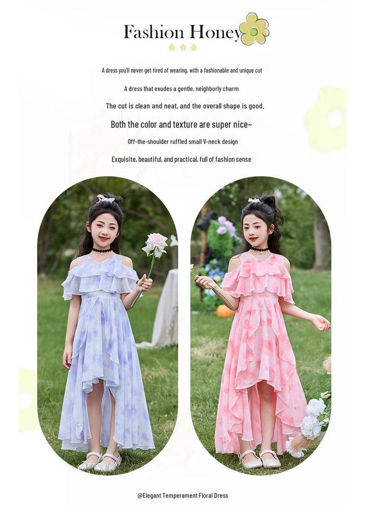 Elegante Vestido de Verano de Gasa Floral para Niñas - Falda Estilo Princesa 2026