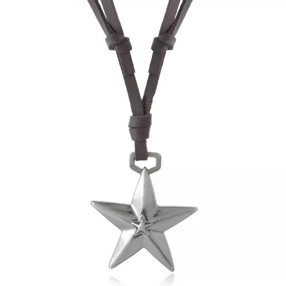 Colar de Couro com Pingente de Pentagrama Retro Hip Hop Unissex