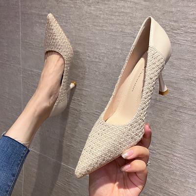High Heels Women's New Thin Heels Pointed Tip Shallow Mouth Braided Splicing Heel Soft Leather