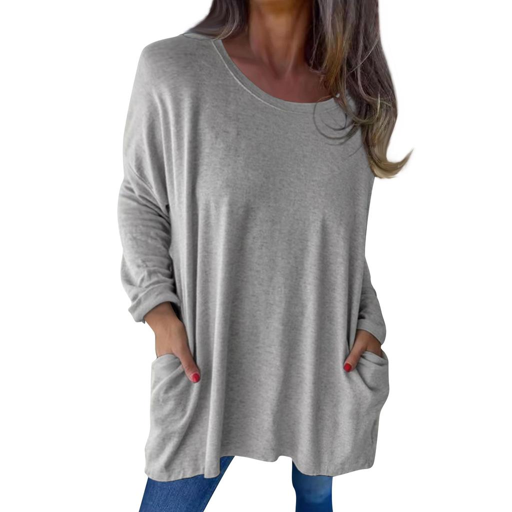 Women's Fashion Casual Color Long Sleeve Loose Crewneck Pocket Top